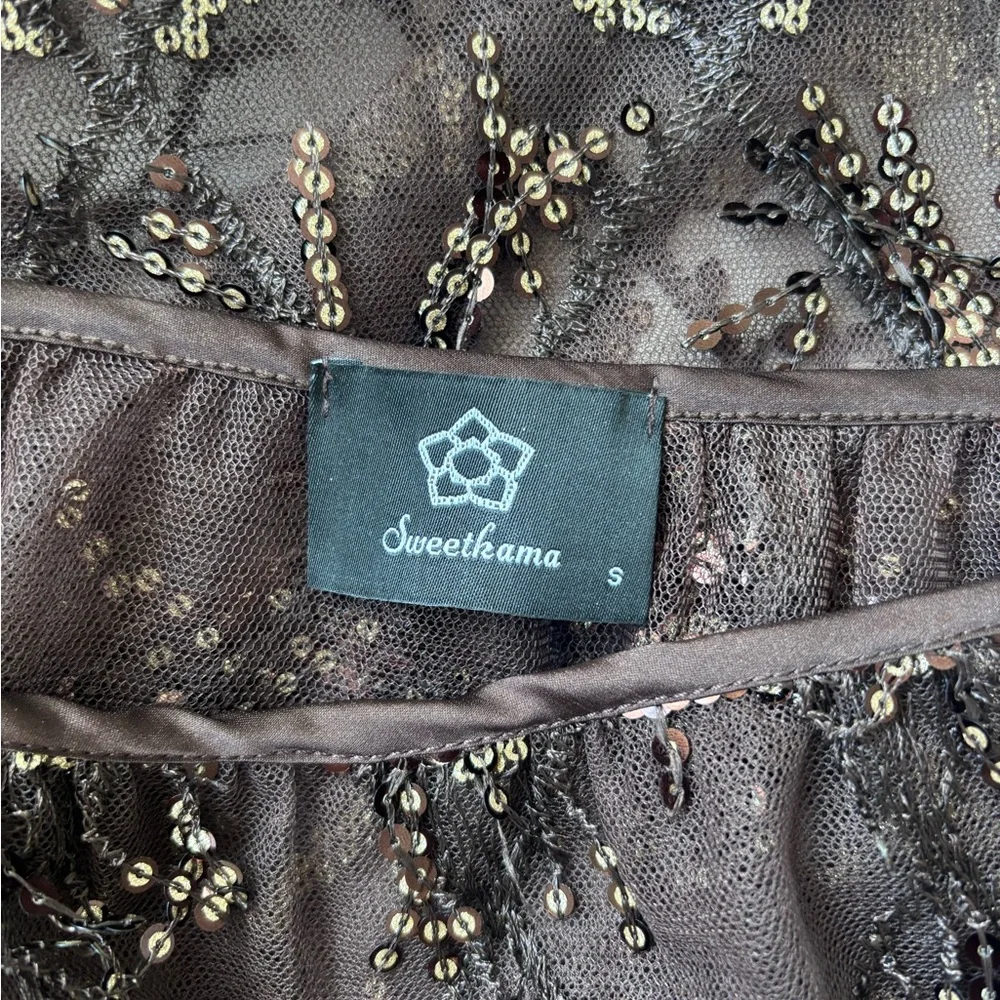 NWT Simons Chocolate Brown Sequin Lace Sequin Sparkly tulle Midi Skirt Size S - Picture 6 of 15